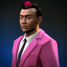 A Chinese man wearing a pink suit, with a pink light in his right eye and a pink streak through his dark hair.